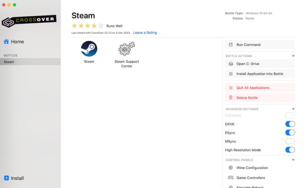 bottle settings in crossover for mac